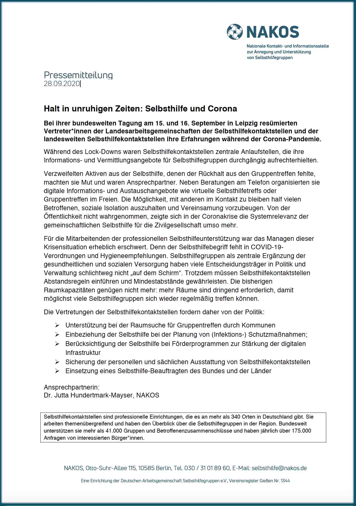Pressemitteilung "Halt in unruhigen Zeiten: Selbsthilfe und Corona"
